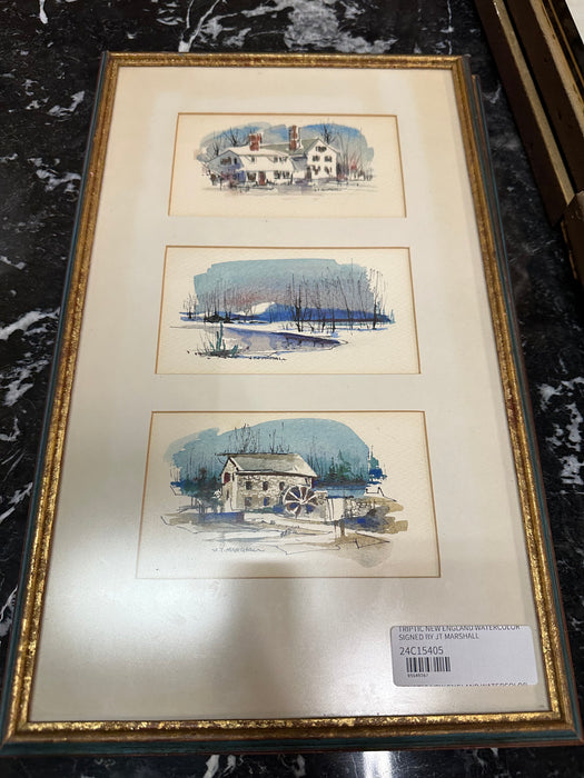 TRIPTIC NEW ENGLAND WATERCOLOR SIGNED BY JT MARSHALL