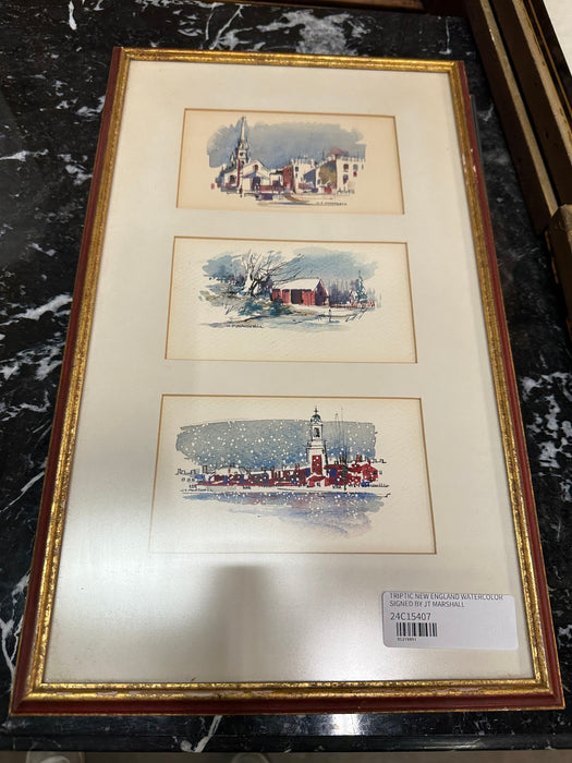 TRIPTIC NEW ENGLAND WATERCOLOR SIGNED BY JT MARSHALL