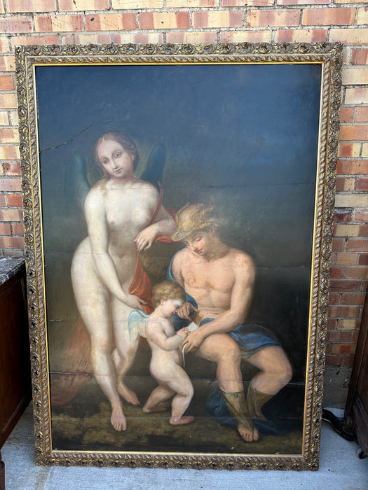 FRAMED EARLY OIL PAINTING WITH ANGELS ON BOARD AS FOUND