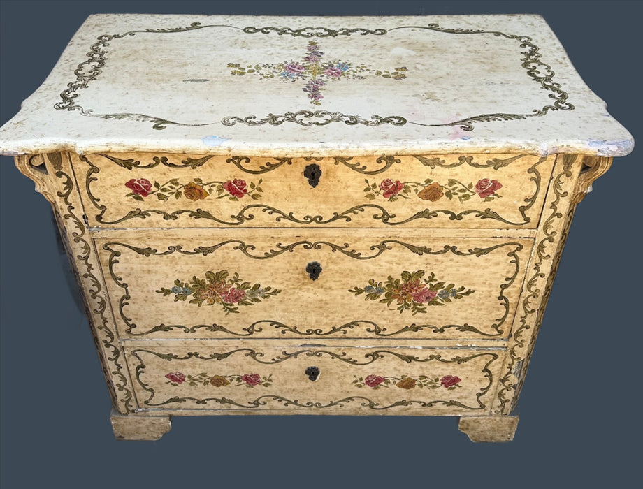 EARLY PINE CHEST WITH HAND PAINTED ROSES AND SCROLLS