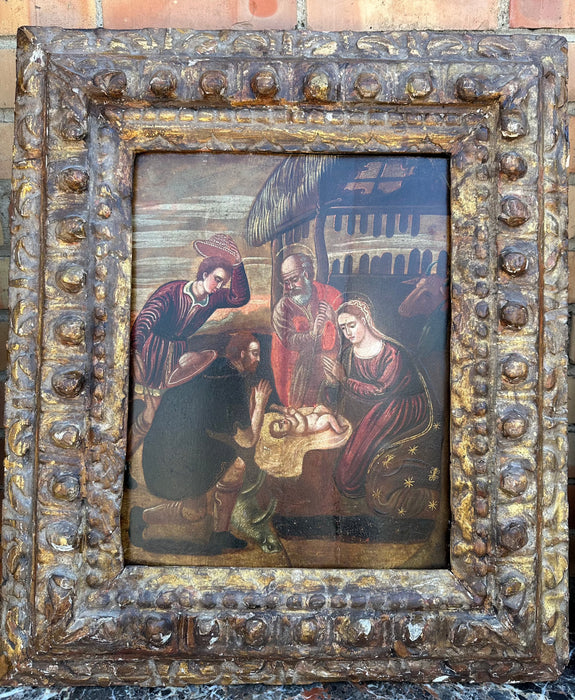 FRAMED OIL PAINTING OF THE BIRTH OF CHRIST ON BOARD