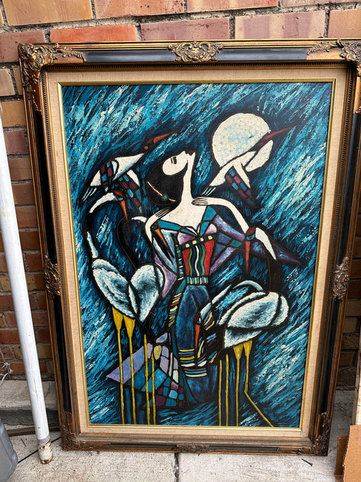 FRAMED VINTAGE OIL PAINTING IN THE MANNER OF PICASSO SIGNED 1952