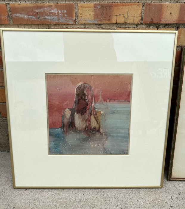 WATER COLOR OF SEMI NUDE LADY IN RED AND GRAY SIGNED TOM BAILY