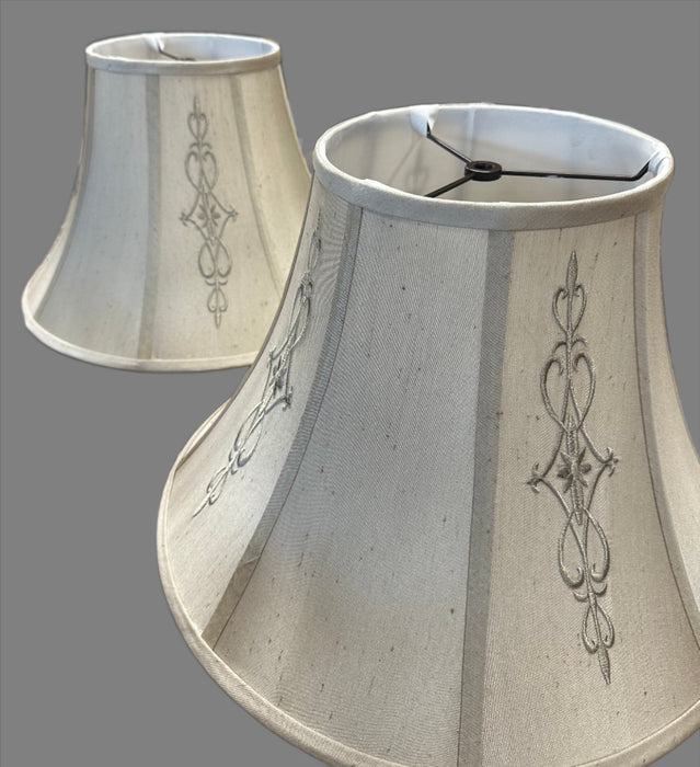 PAIR OF LINEN SHADES WITH GREY EMBROIDERY
