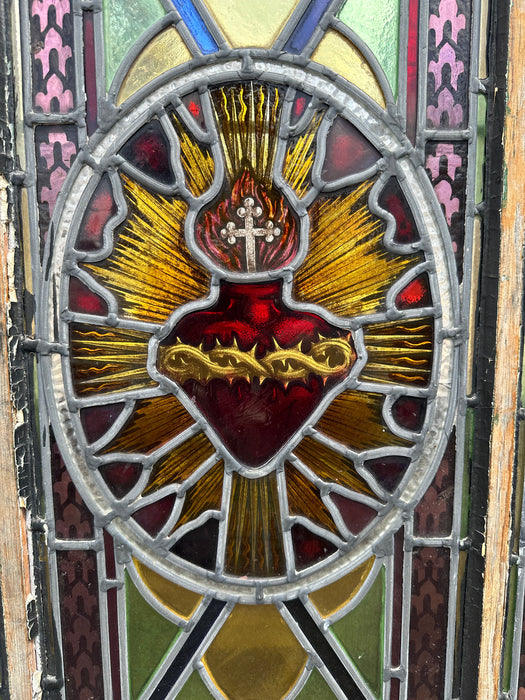 LARGE SACRED HEART HAND PAINTED ARCHED STAINED GLASS CHURCH WINDOW