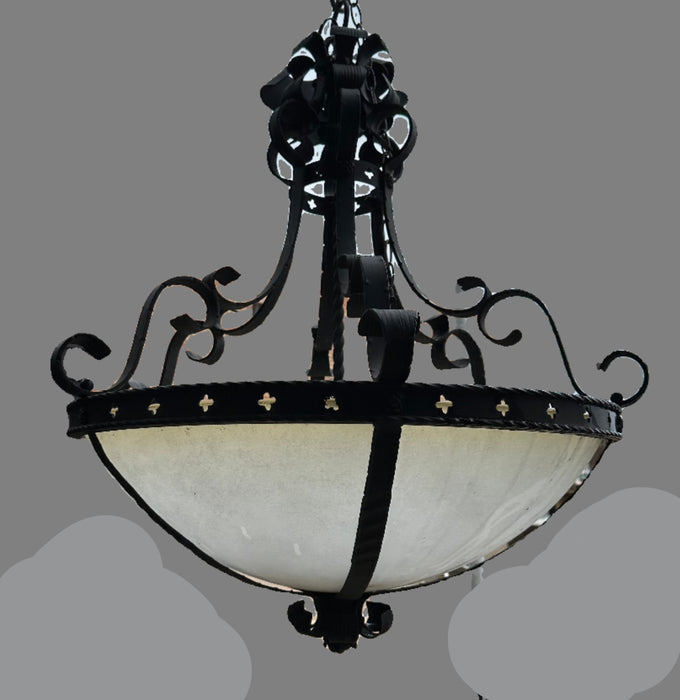 LARGE IRON CHANDELIER WITH GLASS DOME