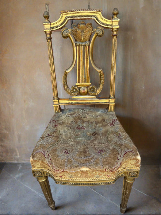 GILT LYRE BACK LOUIS XI NEEDLEPOINT SIDE CHAIR