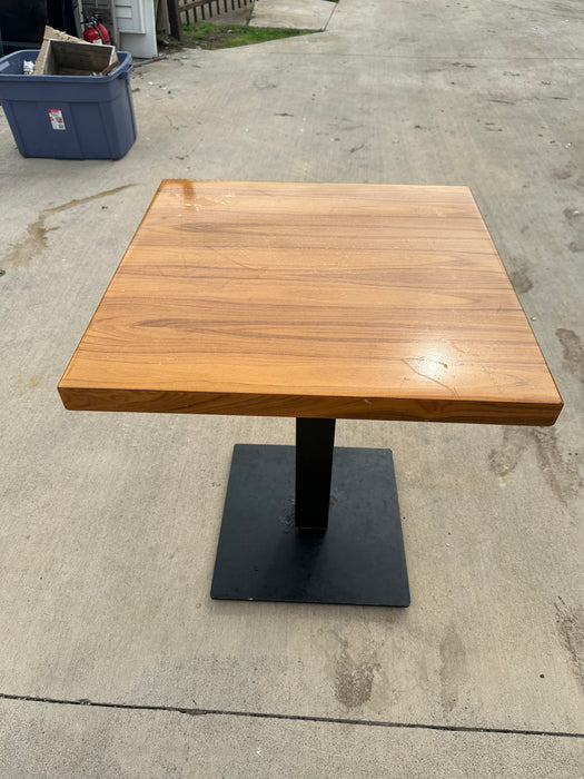 SQUARE WOOD TABLE WITH METAL PEDESTAL BASE