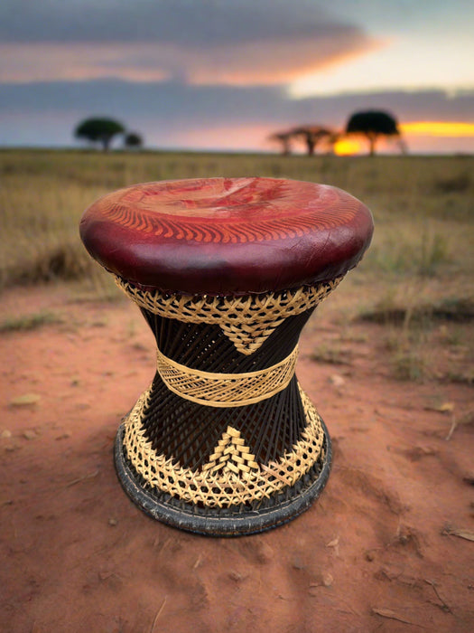 LEATHER TOP WOVEN AFRICAN STOOL