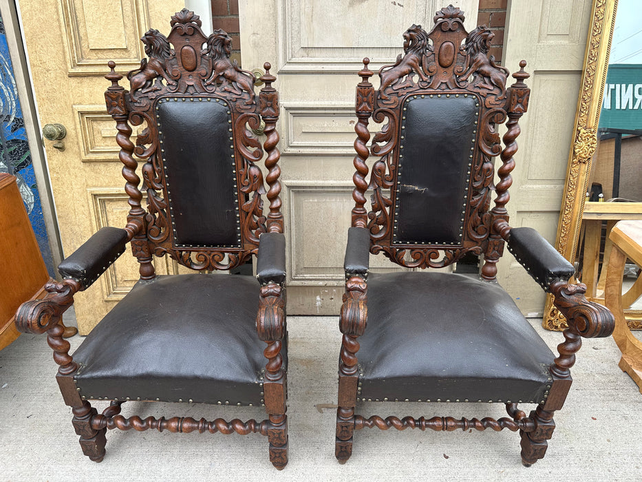 PAIR OF LOUIS XIII BARLEY TWIST OAK ARMCHAIRS WITH LION CREST
