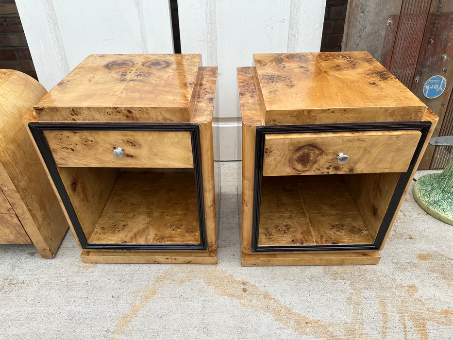 PAIR OF EBONIZED TRIM ART DECO BIRD'S EYE MAPLE SIDE CHESTS