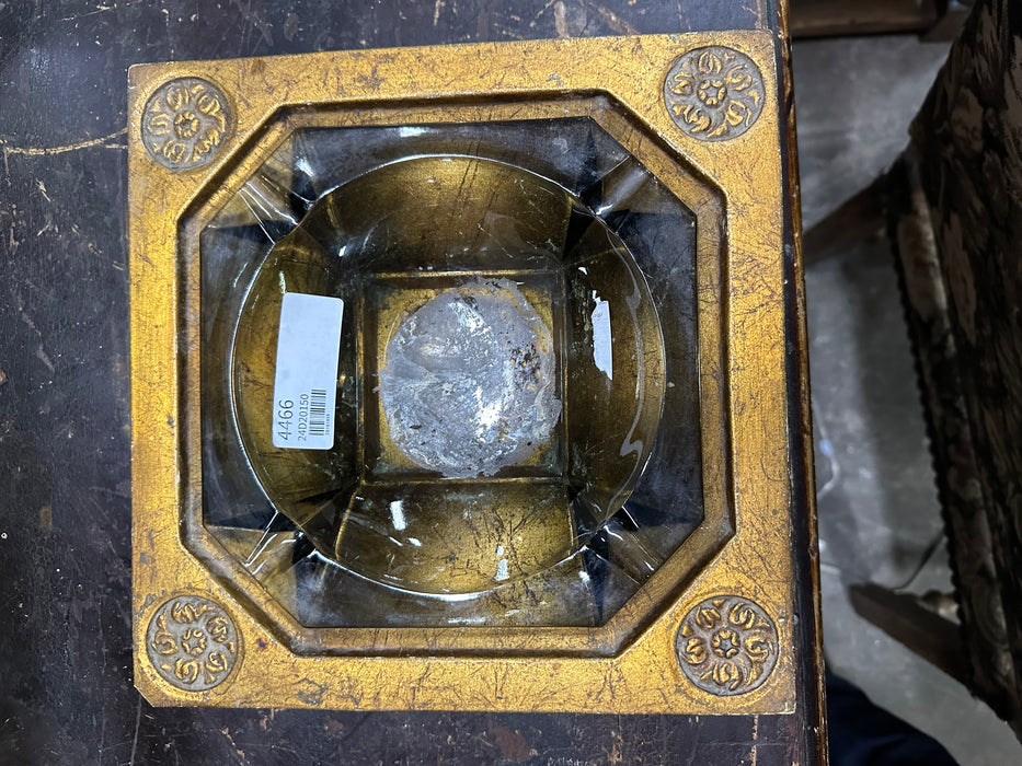 LARGE SMOKED GLASS ASHTRAY IN GOLD BASE-AS FOUND