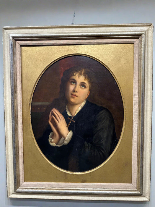 19TH CENTURY FRAMED OIL PAINTING OF A GIRL PRAYING