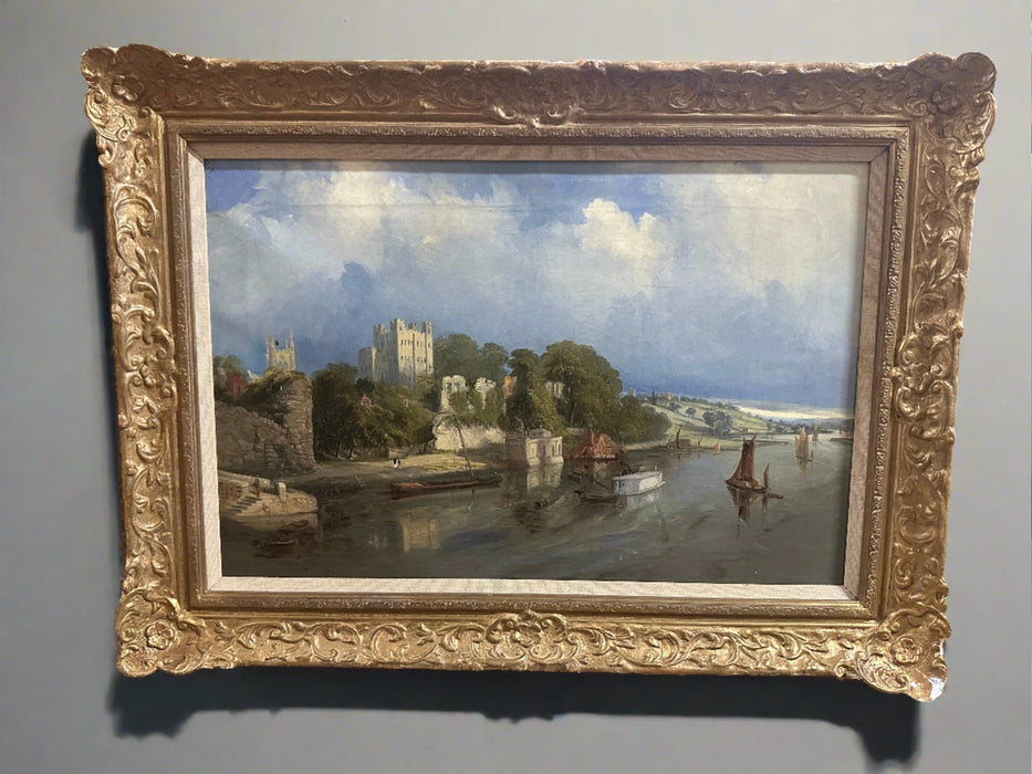 EUROPEAN RIVER SCENE OIL PAINTING WITH CASTLE