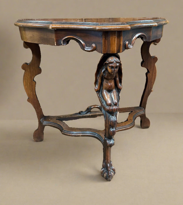 SMALL WALNUT DEMILUNE TABLE WITH ANGEL