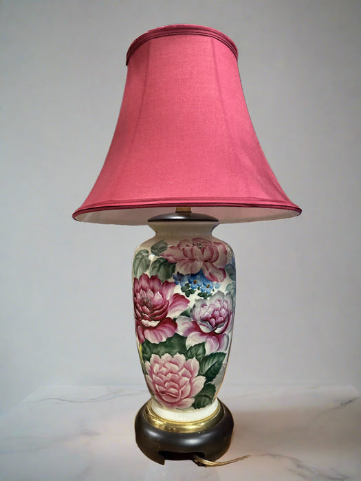 WOOD BASE PORCELAIN CHINESE FLORAL LAMP WITH PURPLE SHADE