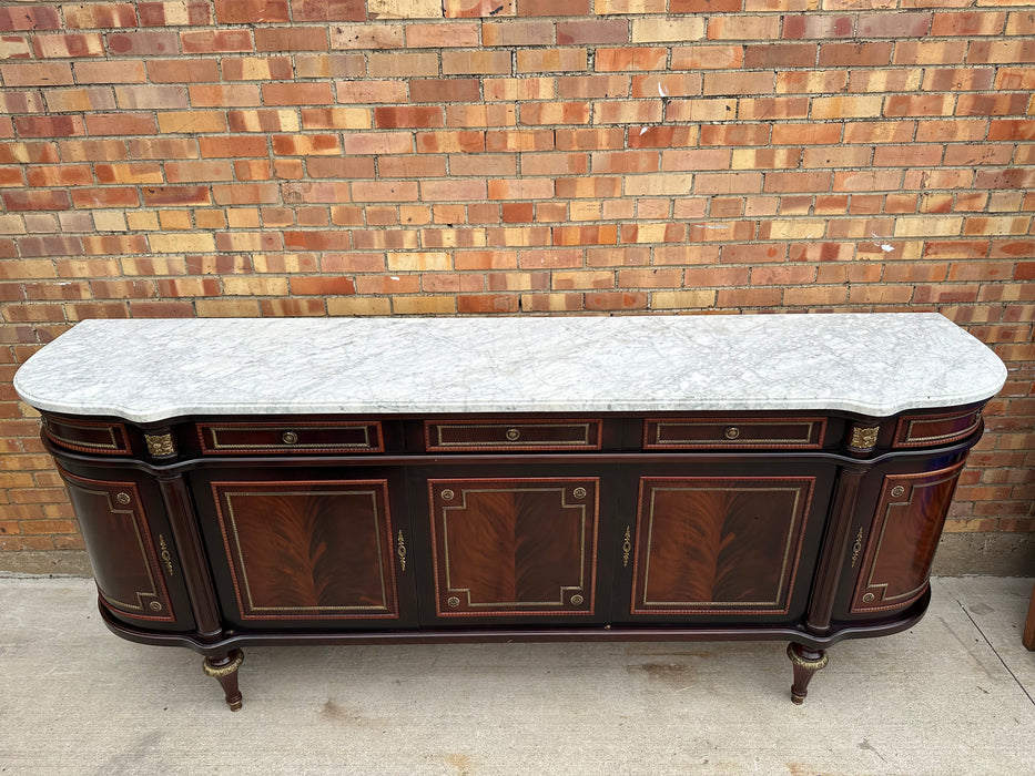 LONG LOUIS XVI DARK MAHOGANY SIDEBOARD WITH WHITE MARBLE TOP