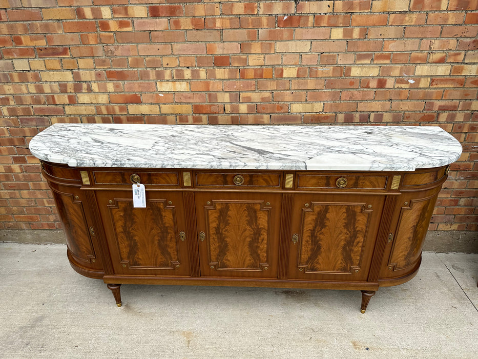 LONG LOUIS XVI CROTCH MAHOGANY SIDEBOARD WITH WHITE MARBLE TOP