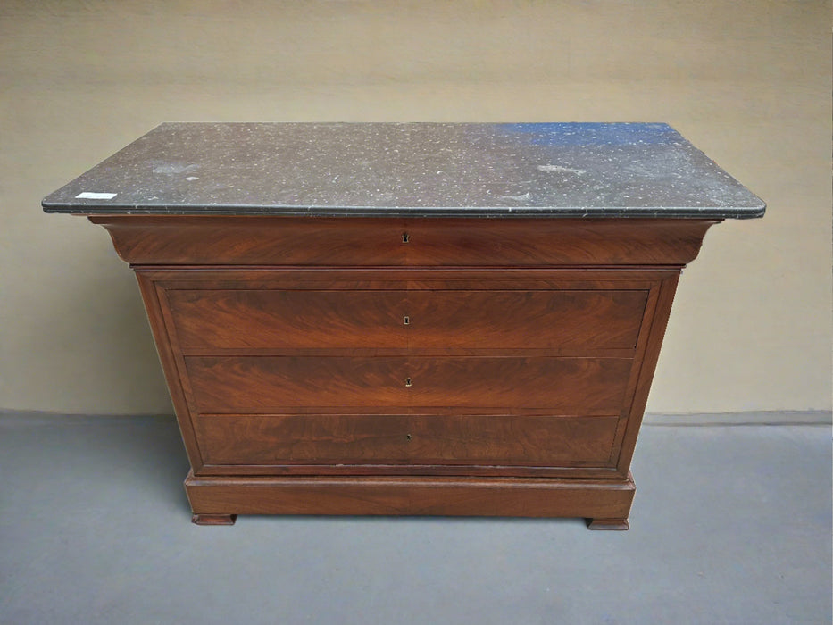 LOUIS PHILLIPE CROTCH MAHOGANY CHEST OF DRAWERS WITH BLACK MARBLE TOP