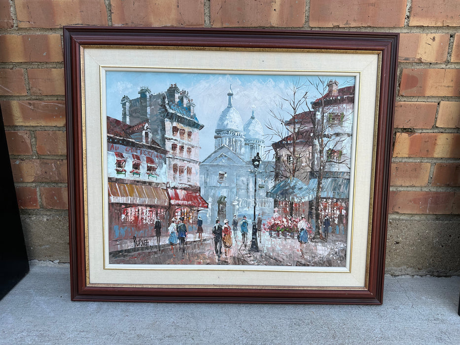 OIL ON CANVAS IMPASTO IMPRESSIONIST PAINTING OF PARIS CAFE STREET SCENE SIGNED BURNETT