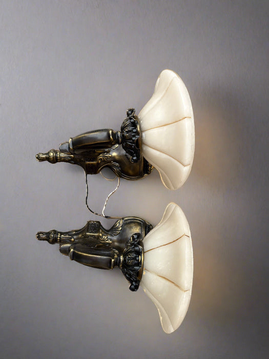 PAIR OF VINTAGE BRASS SCONCES WITH ALABASTER SHADES