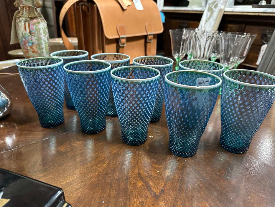 SET OF 9 BLUE GLASS WATER GLASSES