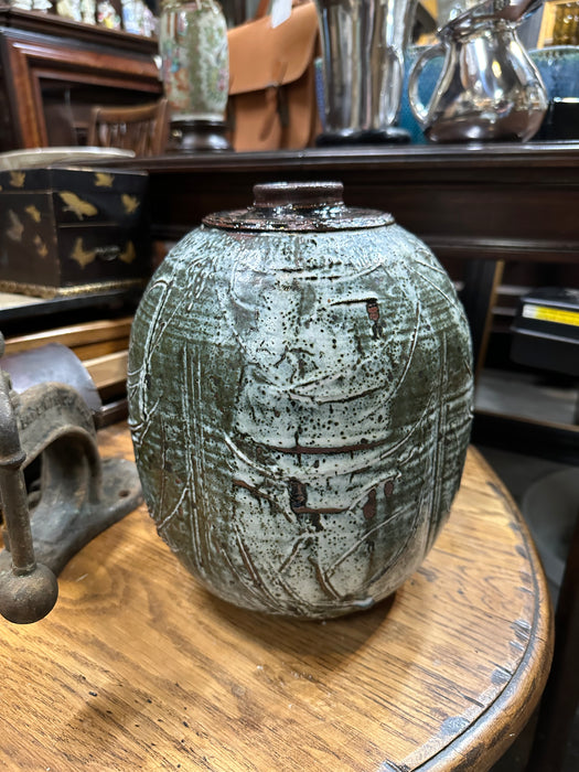 BLUE AND BROWN GLAZED POTTERY VASE-SIGNED