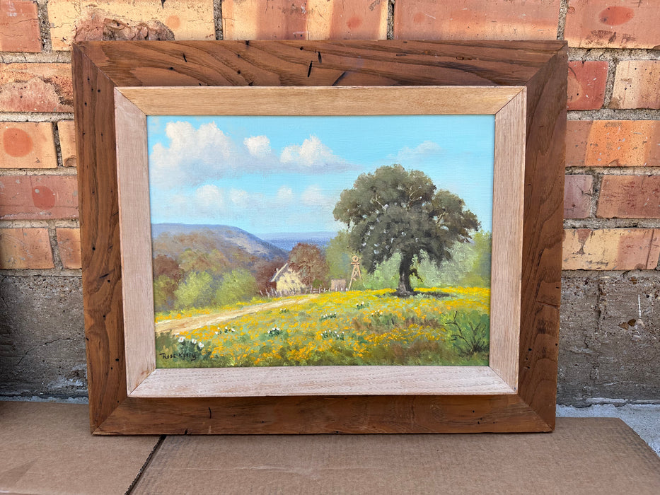 RUSTIC FRAME OIL PAINTING OF A FARM WITH WINDMILL BY ROSE KING