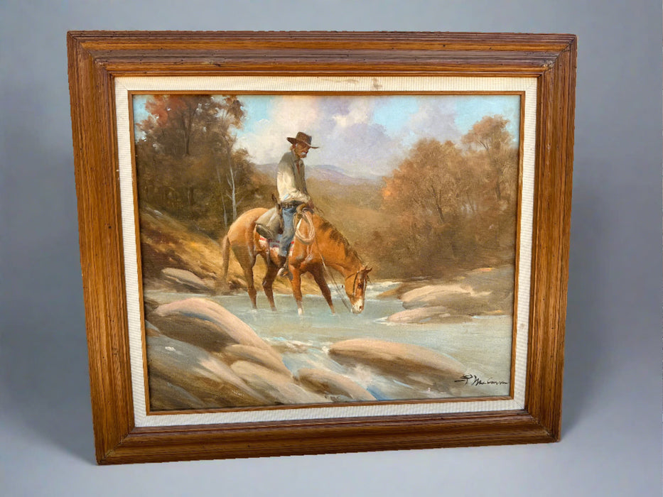 FRAMED OIL PAINTING OF COWBOY AND HORSE DRINKING WATER BY GERALD MCCANN