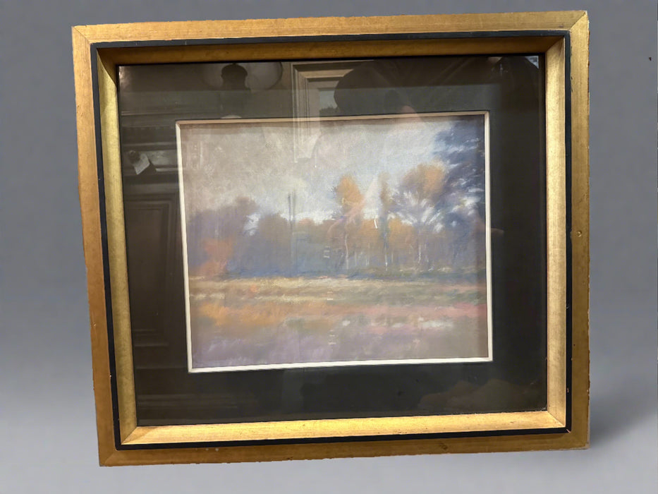 FRAMED PASTEL OF A HAZY MARSH WITH TREE