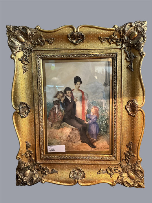 GILT FRAMED WATERCOLOR OF A FAMILY SIGNED VIDAL FRENCH