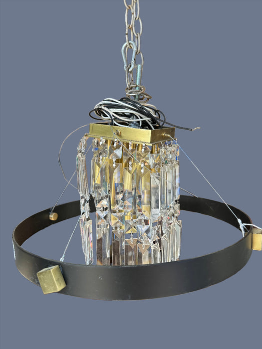SMALL ROUND IRON AND BRONZE CHANDELIER WITH PRISIMS