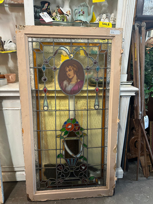 PAIR OF VERTICAL STAINED GLASS WINDOWS WITH LADIES