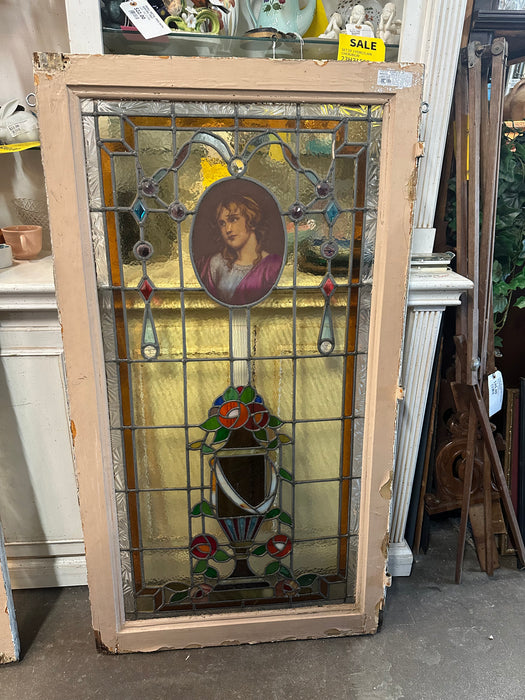 PAIR OF VERTICAL STAINED GLASS WINDOWS WITH LADIES