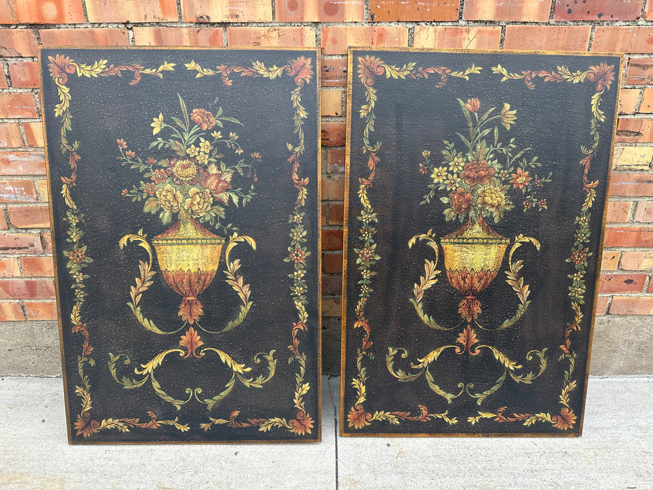PAIR OF PAINTED FLORAL URNS ON BOARD NOT OLD