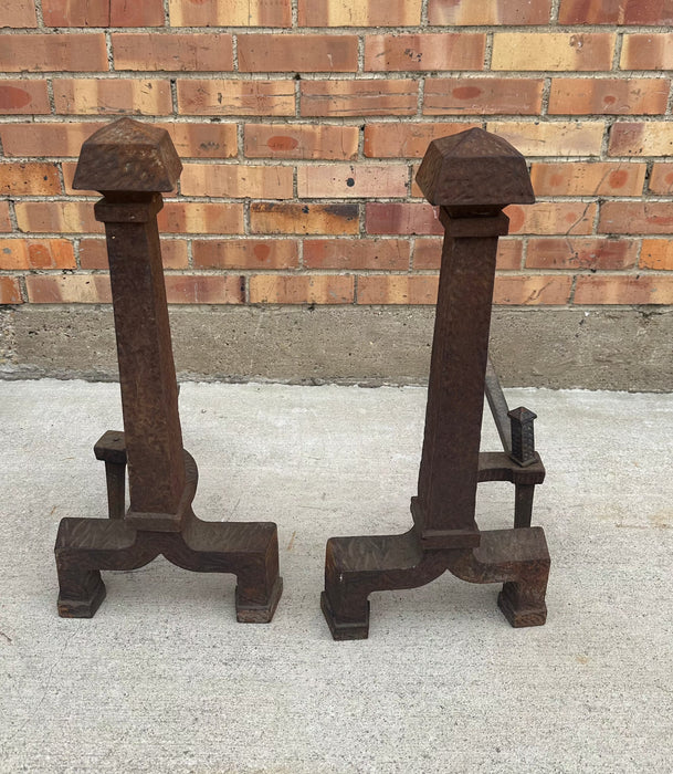 PAIR OF CAST IRON ARTS AND CRAFTS ANDIRONS