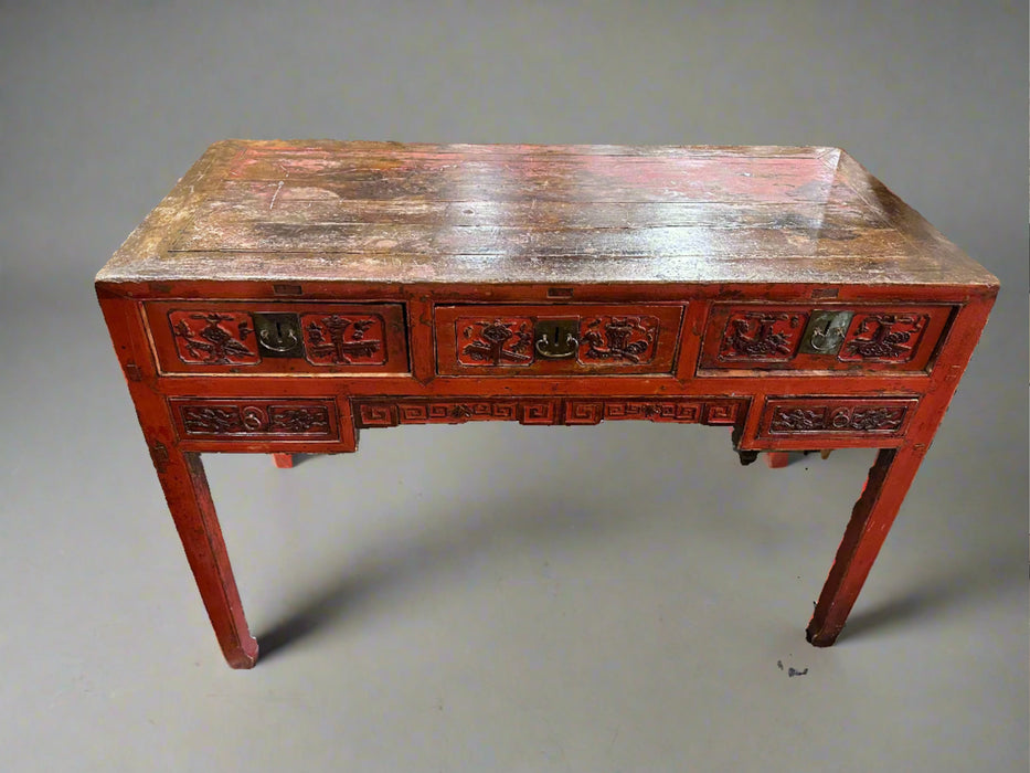 CHINESE RED LACQUER CARVED HALL TABLE WITH MORTISE AND TENON CONSTRUCTION