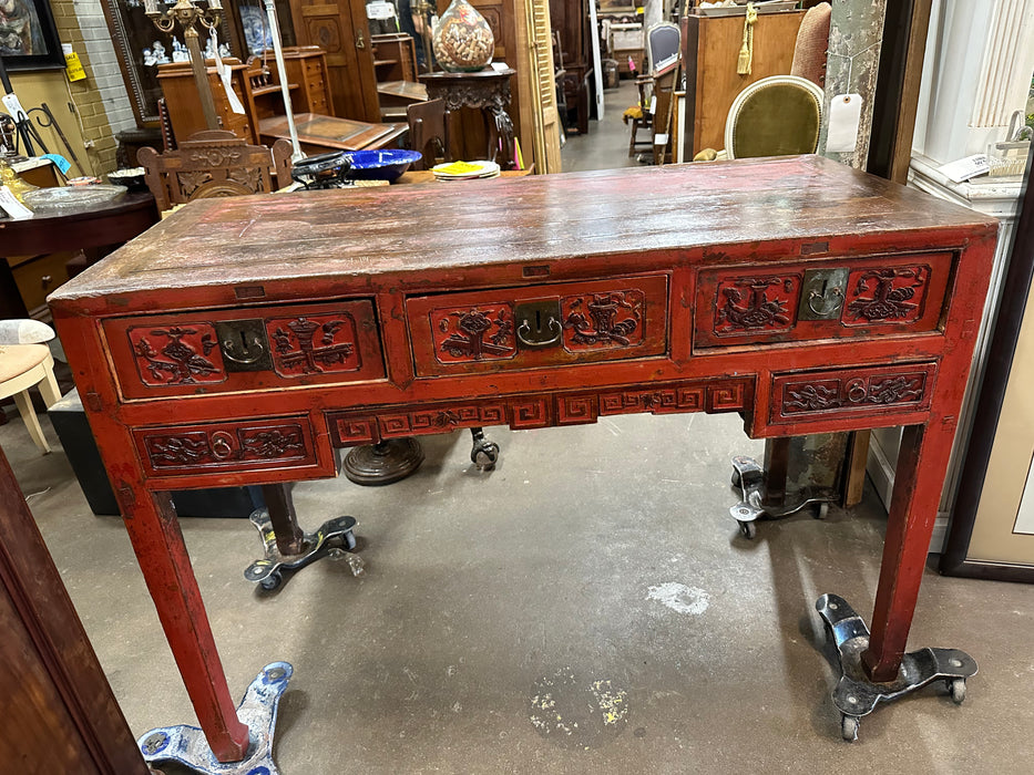 CHINESE RED LACQUER CARVED HALL TABLE WITH MORTISE AND TENON CONSTRUCTION