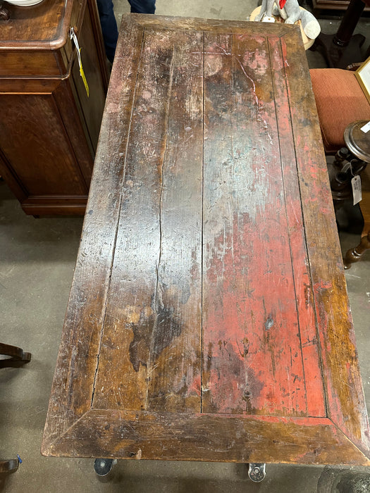 CHINESE RED LACQUER CARVED HALL TABLE WITH MORTISE AND TENON CONSTRUCTION