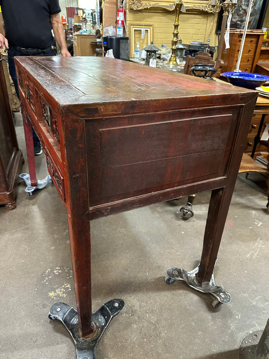 CHINESE RED LACQUER CARVED HALL TABLE WITH MORTISE AND TENON CONSTRUCTION