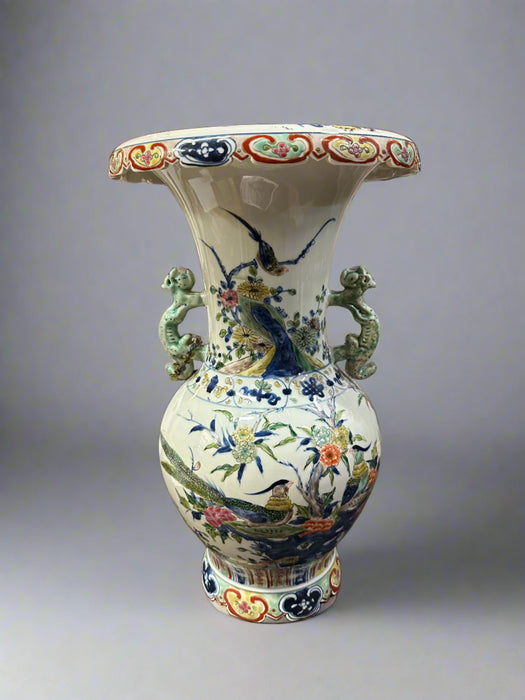 LARGE ASIAN POLYCHROME VASE WITH WIDE MOUTH SIGNED
