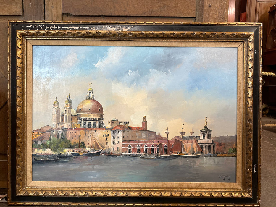 BLACK AND GOLD FRAMED VENETIAN GRAND CANAL OIL PAINTING