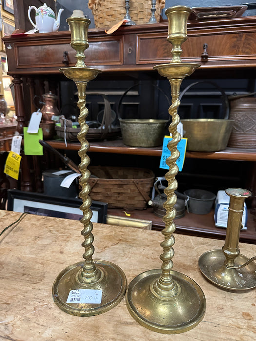 PAIR OF TALL BRASS BARLEY TWIST CANDLE STANDS