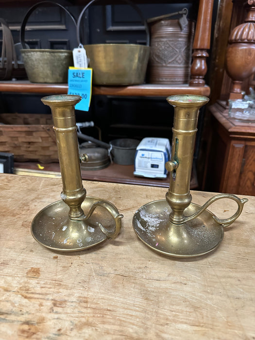 PAIR OF EARLY BRASS ADJUSTABLE CANDLE STANDS