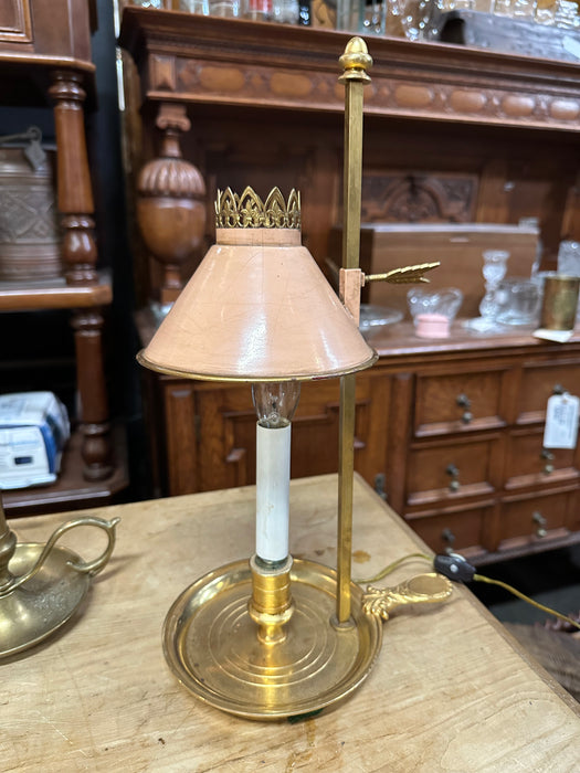 BRASS CANDLE STICK LAMP WITH TOLE SHADE