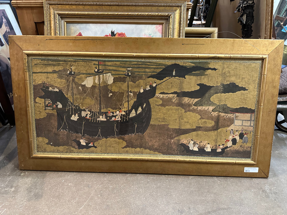 GOLD FAUX BAMBOO FRAME WITH CHINESE SHIP AND CREW