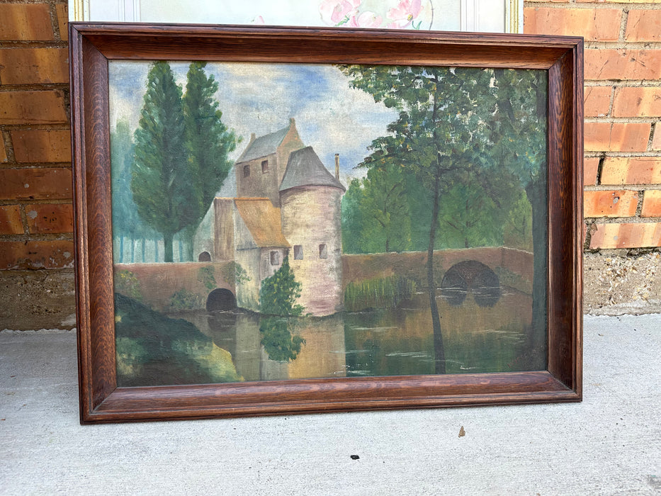 OAK FRAMED DUTCH LANDSCAPE WITH BRIDGE OIL PAINTING