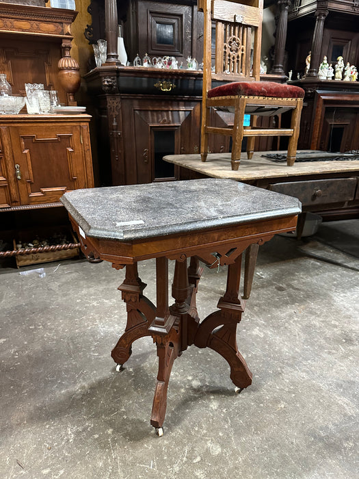 MARBLE TOP WOOD BASE SIDE TABLE ON CASTERS