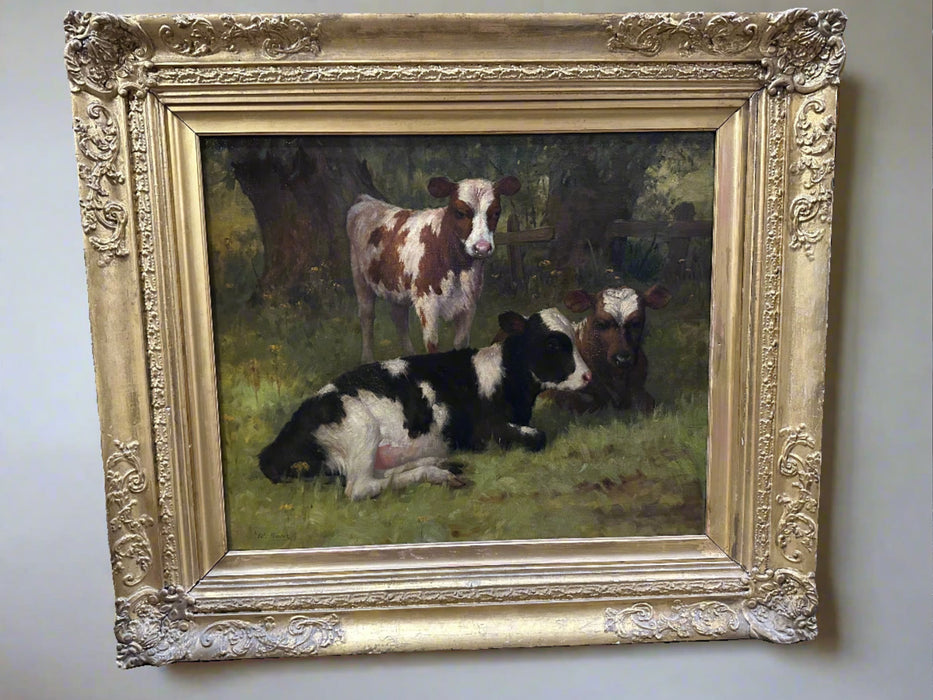 W BARR OIL PAINTING OF COWS IN GOLD FRAME