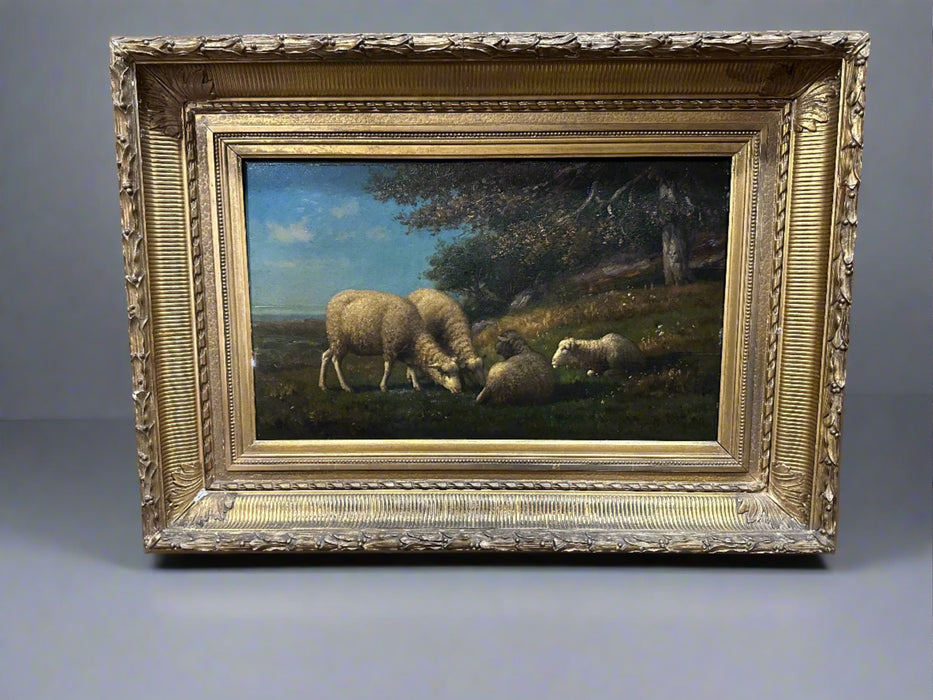 OIL PAINTING OF A FLOCK OF SHEEP IN GOLD FRAME